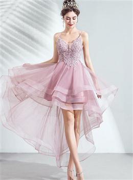 Picture of V-neckline Lace Applique Straps High Low Party Dresses, Pink Tulle Homecoming Dresses